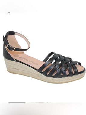 Eric Michael Black Woven Espadrille Wedge Sandal with Ankle Strap Size 40